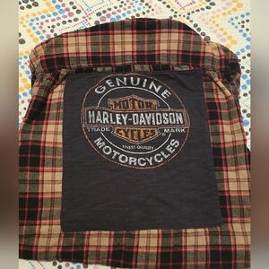 Upcycled Faded Glory Harley Davidson Flannel Shirt, Red Tan Plaid